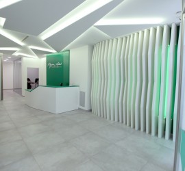 Vista general de la zona de acceso y atención de la clínica, con mobiliario adaptado a medida y zona decorativa retroiluminada.