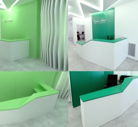 Diseño del mobiliario de la clínica. A la izquierda los diseños en modelo 3D, y a la derecha como quedaron finalmente.