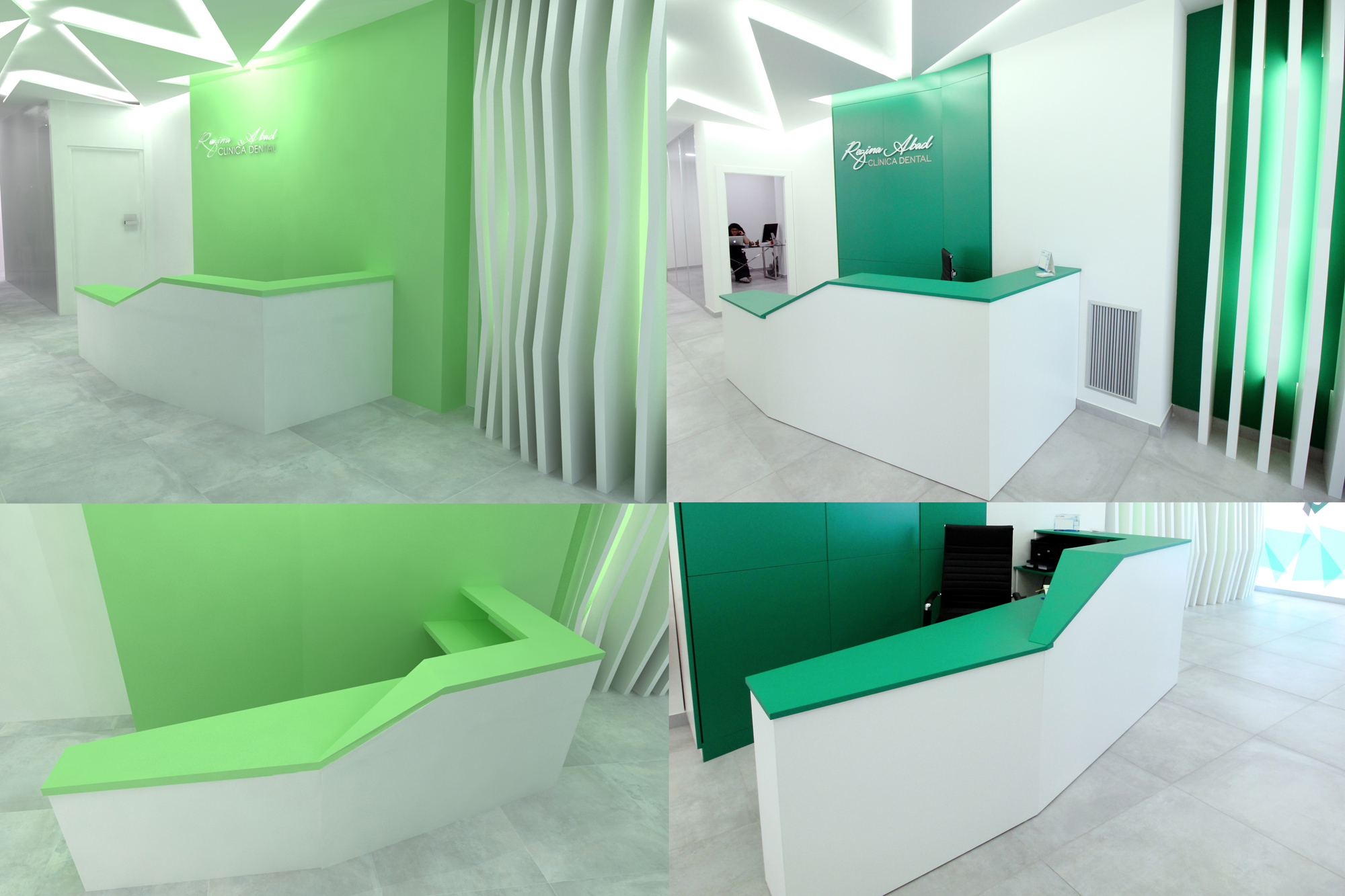 Diseño del mobiliario de la clínica. A la izquierda los diseños en modelo 3D, y a la derecha como quedaron finalmente.