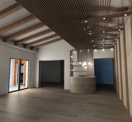 Propuesta de diseño interior de falso techo con lamas e iluminación oculta, pórticos en zona de paso con spots de iluminación y mueble bar con iluminación suspendida.